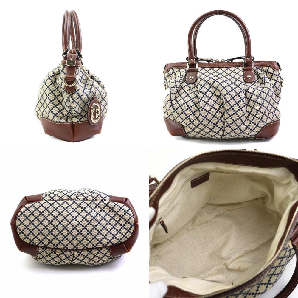 Gucci 2way Blue Diamante Navy Bag canvas leather beige Shoulder brown Tan Brown